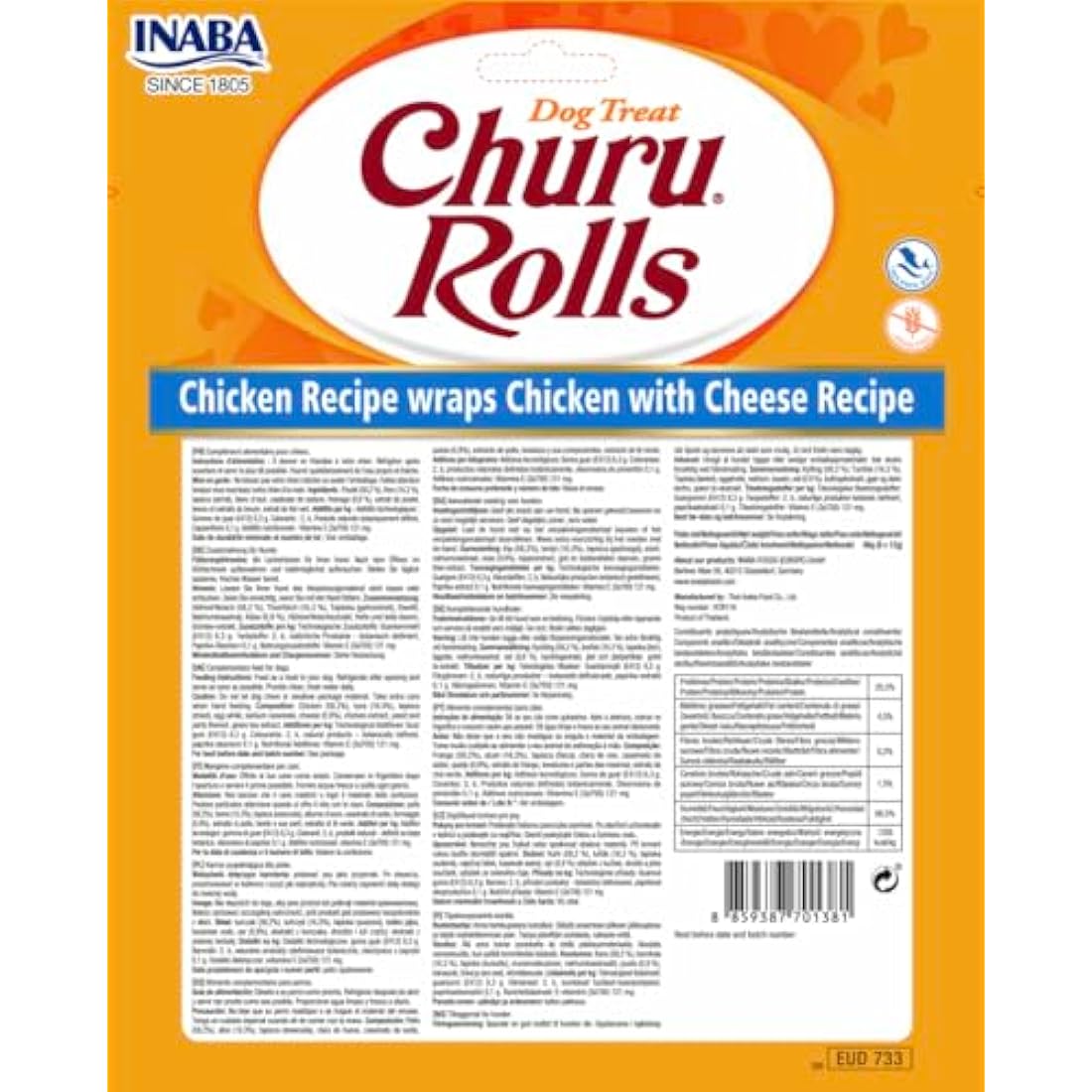 Churu Rolls by INABA Dog Treat - Chicken Flavour 8 Pack (64 x 12g total) / Crispy Sticks with Creamy Filling Dog Treat, Delicious & Healthy Snack, Hand Feeding, Training Snack, Natural, Grain Free