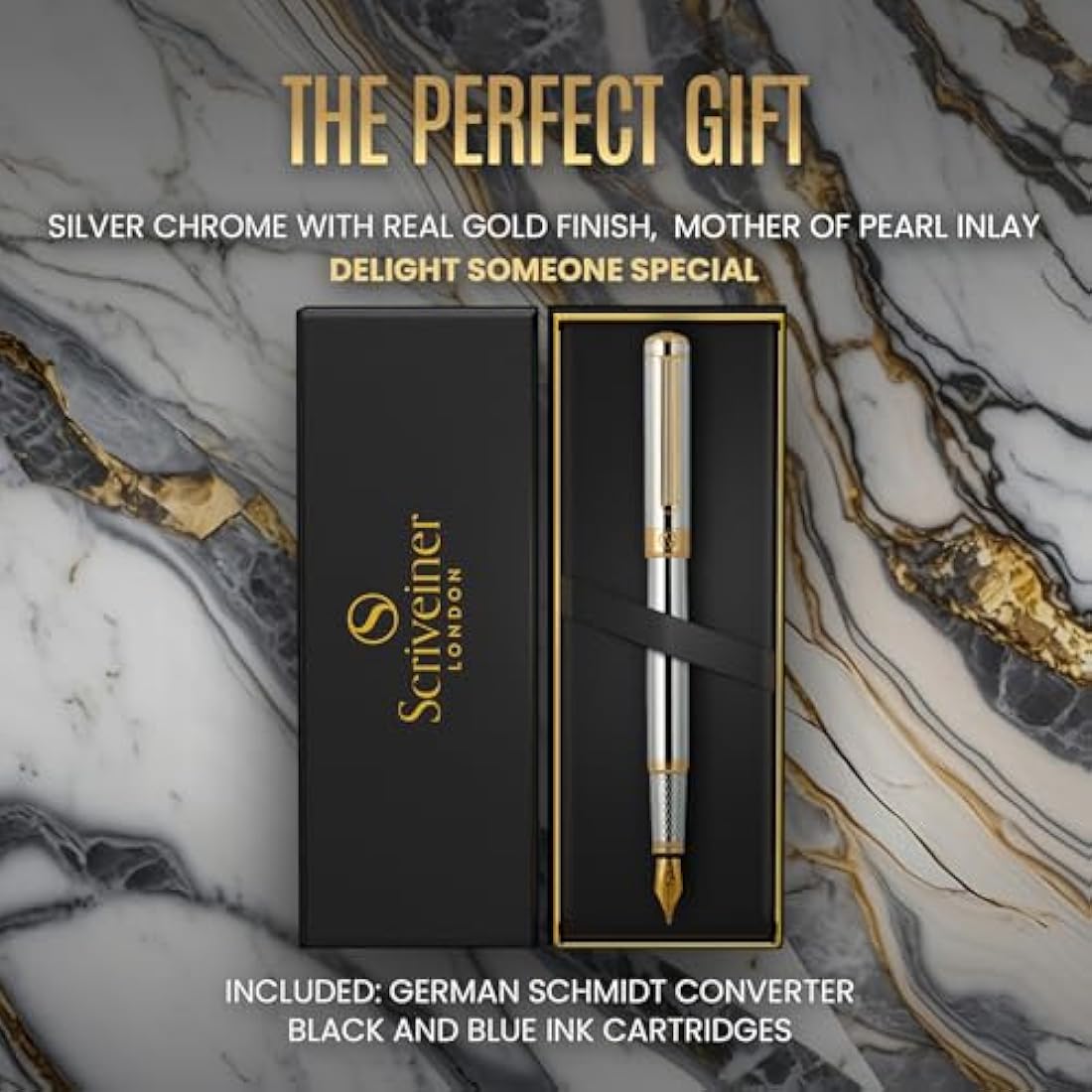 Scriveiner Silver Chrome Fountain Pen - Stunning Luxury Pen, Real Gold Plating, Schmidt Gilded Nib (Fine), Best Pen Gift Set for Men & Women Professional Executive Office Fancy Nice Designer Pen