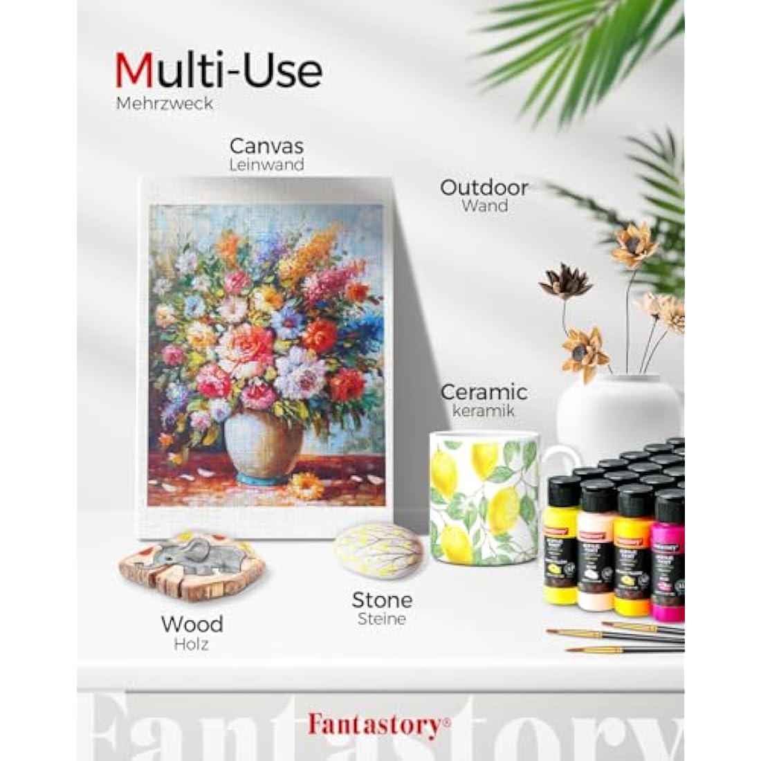Fantastory Acrylic Paint Set 36 Colors(2oz /60ml) with 12 Brushes, Professional Craft Thick Paints Kits for Adults and Kids, Canvas Wood Fabric Ceramic Rock Painting Supplies