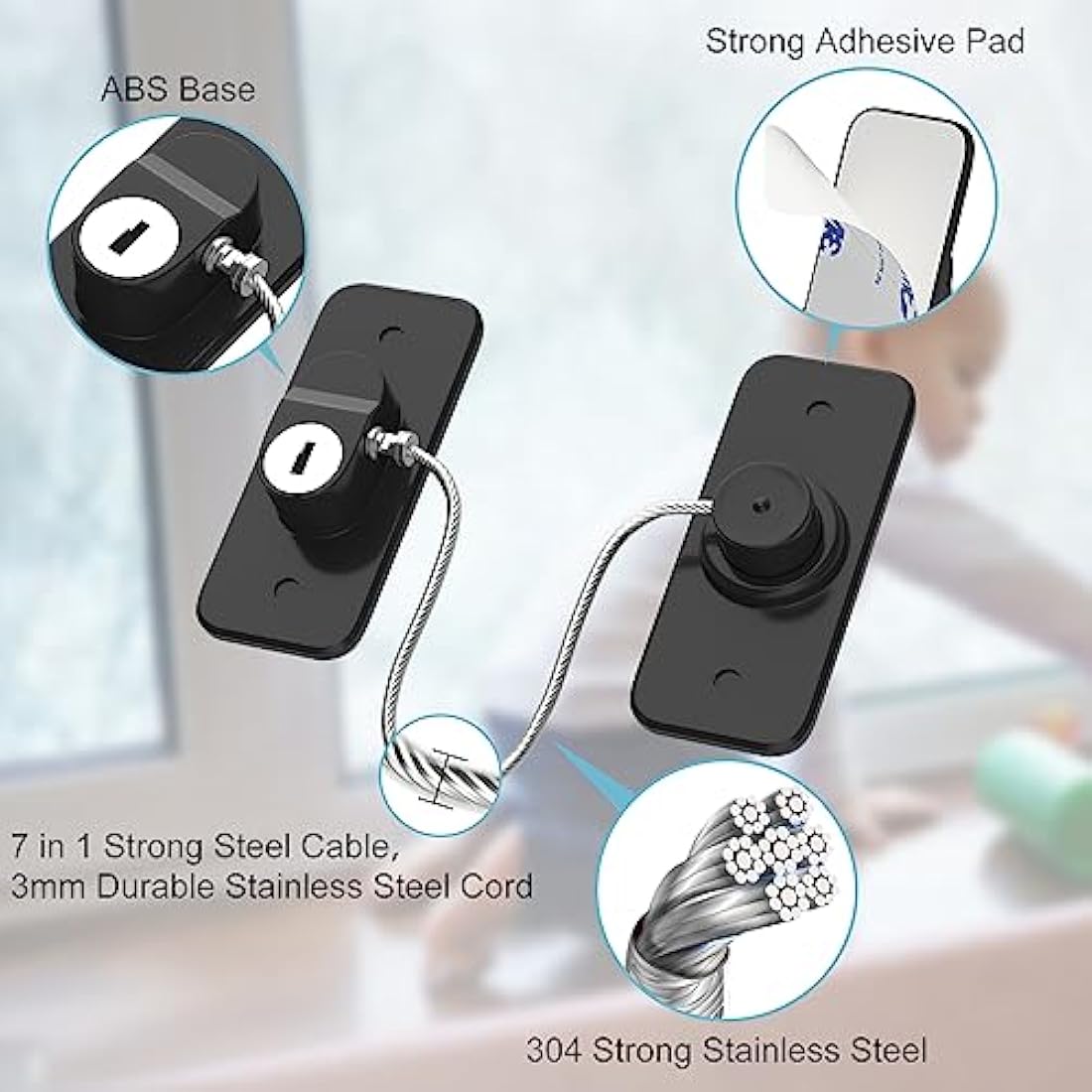 Window Safety Lock Black AOSITE 2 Packs Versatile Window Restrictor Self Adhesive for UPVC No Drilling Window Locks, Refrigerator Lock with Key Child Pet Child Safety Cable Lock for Childproof