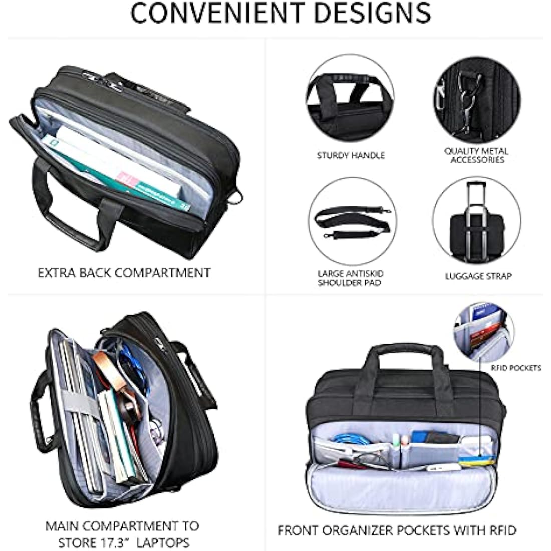 VANKEAN Laptop Briefcase for Men Women, Fits Up to 17.3 Inch Laptop Expandable Premium Laptop Shoulder Bag Water-Repellent Messenger Bag Computer Bag for Travel/Business/School-Black