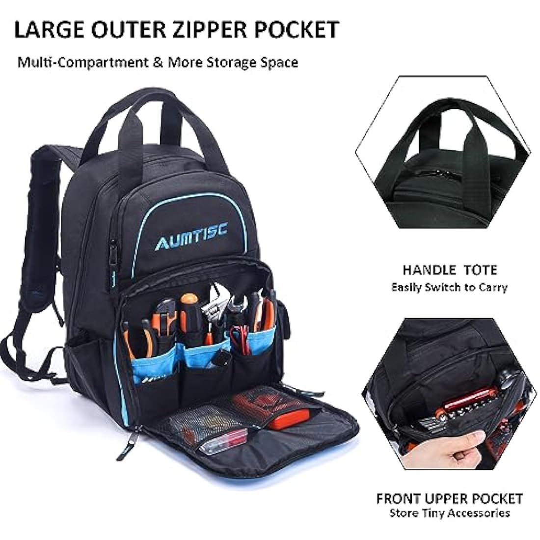 AUMTISC Electrician Tool Backpack,Heavy Duty Durable Tool Bag,Technician Tool Storage with Multi-Pockets Storage Organiser,16in x 11in x 9in,Blue