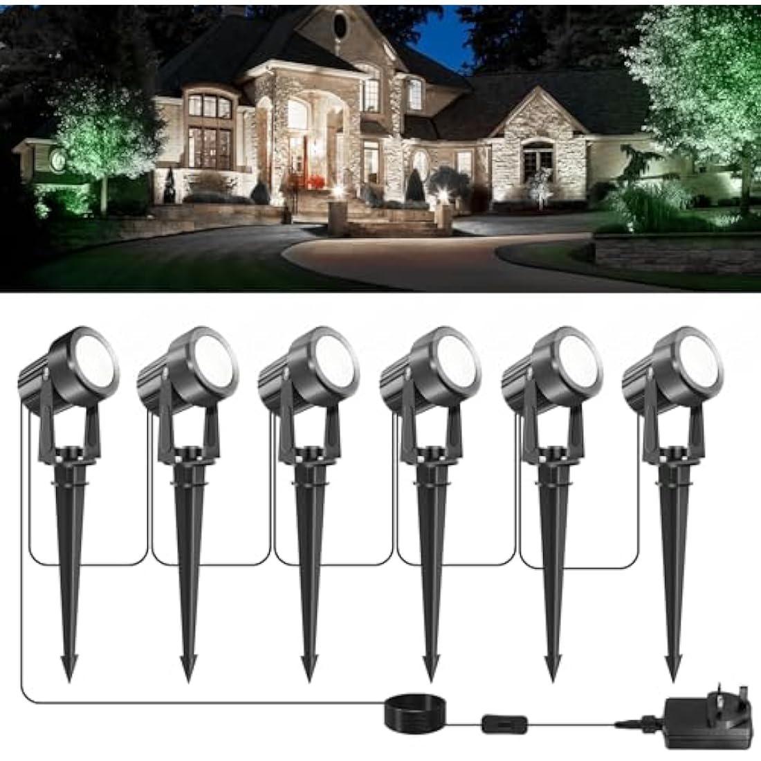 NATPOW Garden Lights, Garden Spike Lights Mains Powered, LED Spotlight Outdoor 6-in-1 Landscape Spot Light with Adapter, IP65 Waterproof 5V Spotlights for Lawn, Pathway, Yard (6000K)