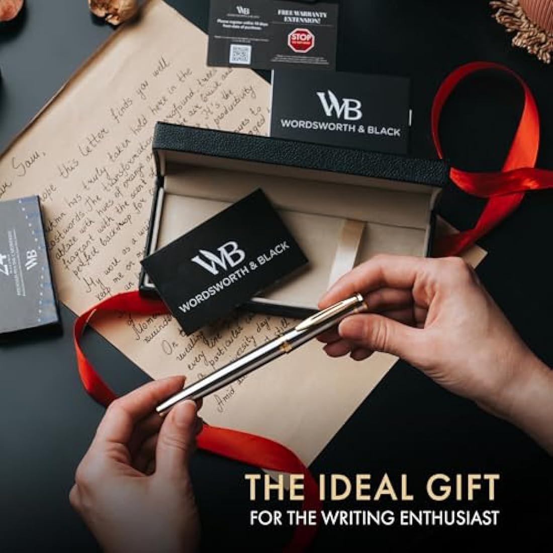 Wordsworth & Black Fountain Pen Set, 18K Gilded Broad Nib, Includes 24 Pack Ink Cartridges, Ink Refill Converter & Gift Box, Gold Finish, Calligraphy, [Silver Gold], Perfect for Men & Women