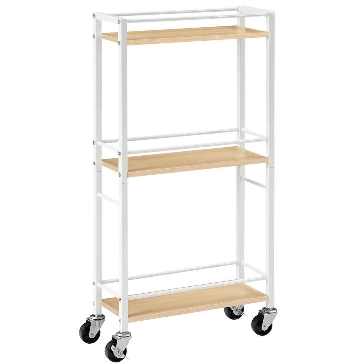 MAHANCRIS 3-Tier Slim Rolling Cart, Mobile Utility Cart on Wheels, Narrow Shelving Unit for Small Space, Wooden Kitchen Storage Rack, for Bathroom,