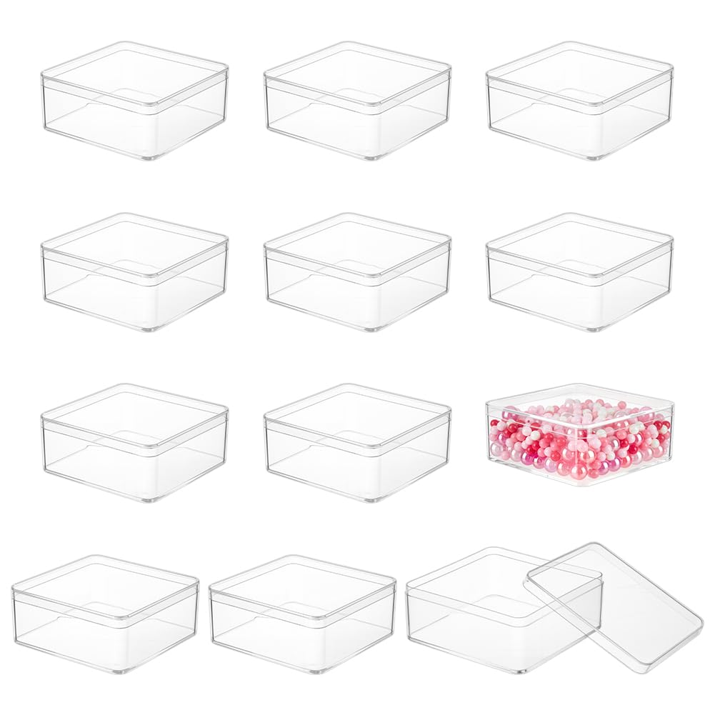 BENECREAT 12Pcs Acrylic Storage Boxes, 8.5x8.5x3.5cm/3.3x3.3x1.4inch Square Gift Box with Lids