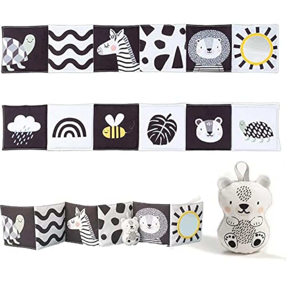 Taf Toys Savannah Black and White 3 in 1 Newborn Baby Pram Book. High Contrast Sensory Soft Double-sided Tummy Time Book with Lion Cub Toy & Baby-safe Mirror. Gift Suitable for Boys & Girls from Birth