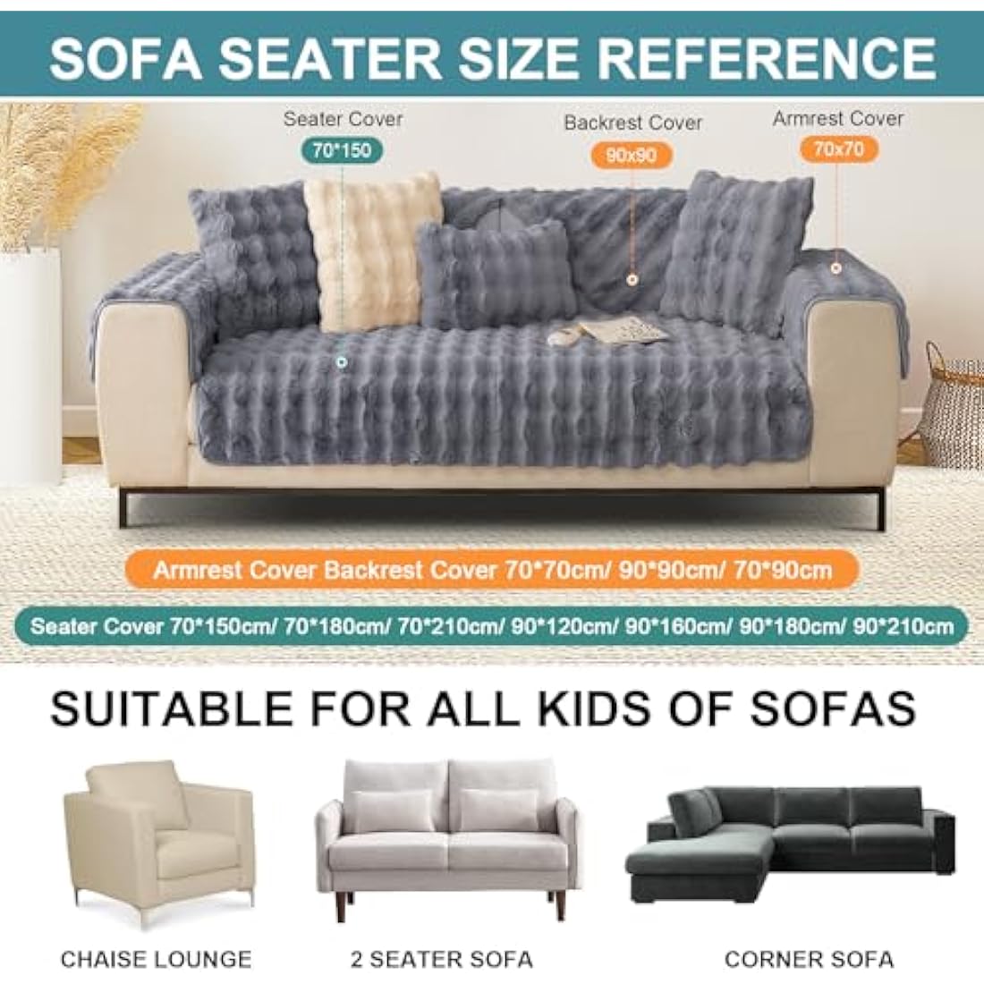 SHANNA Thick Rabbit Plush Sofa Cover 1 2 3 Seater, New Universal Non-Slip Corner Sofa Cover L Shape Super Soft Faux Fur Sofa Slipcovers for Living Room(Grey, 110 * 110cm Chaiselongue Cover)