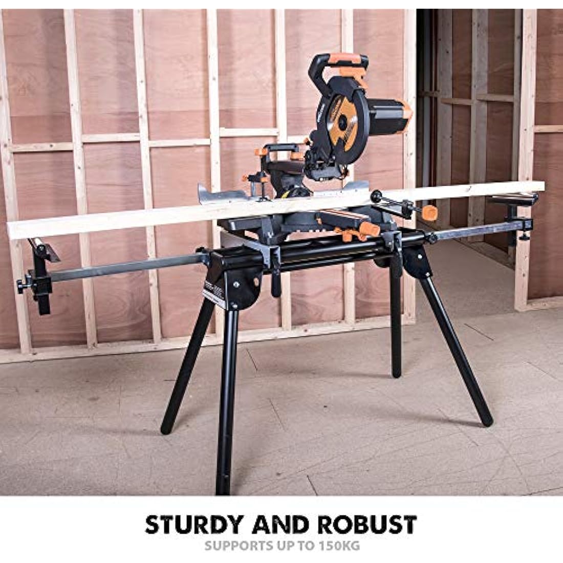 Evolution Power Tools EVOMS1 Mitre Saw Stand, Universal Compact Folding with Extending Support Arms, Fits Evolution, Makita, DeWalt, Bosch, Ryobi, Einhell and Metabo, Supports 150kg Weight & 3m Length