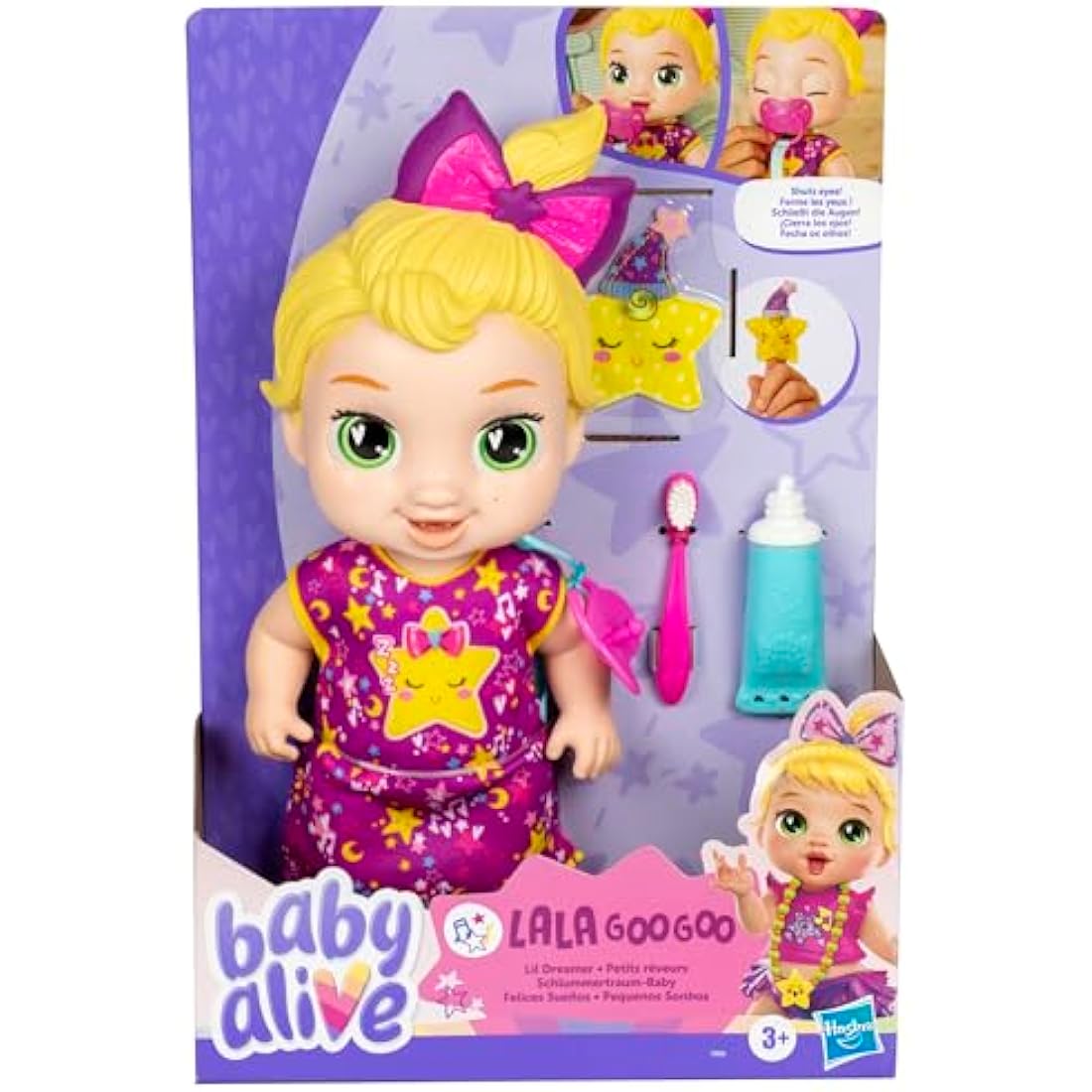 Baby Alive Lil Dreamer LaLa GooGoo Sleepy Baby Doll Set, Blonde Hair, Fun Sleepover Theme, Preschool Toys for Girls & Boys 3 Years & Up