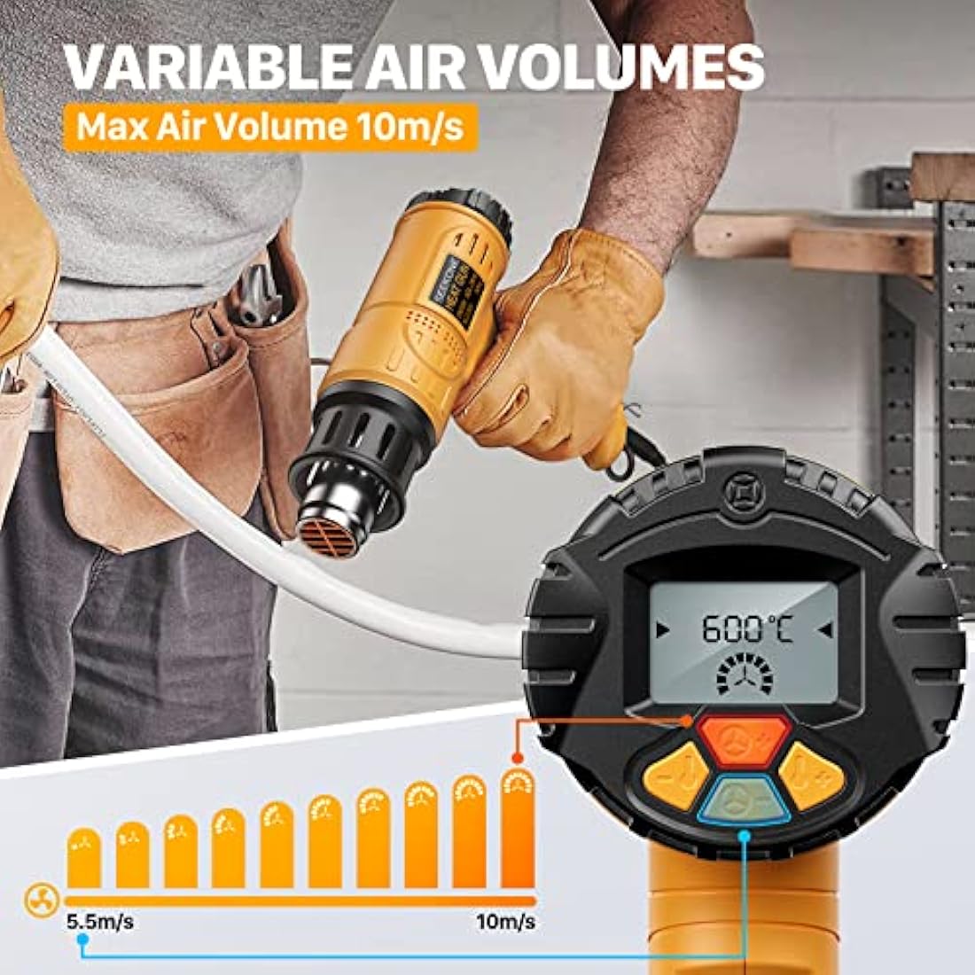 SEEKONE Professional Heat Gun 2000W 50℃- 600℃ with Large Digital LCD Display Industrial Hot Air Gun Kit Variable Temperature Control, Power-On Memory, ℃-℉ Conversion, Power-Off Delay Function