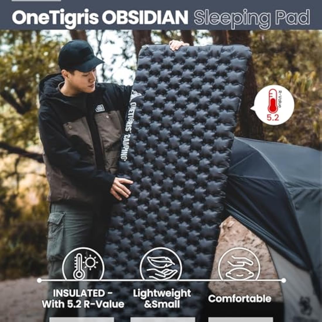 OneTigris Obsidian Ultralight Sleeping Pad, 5.2R Insulated, Inflatable Camping Backpacking Sleeping Mat with Hole Fixing Patches Weighs 2.05lb, 74.4" x 24.8"