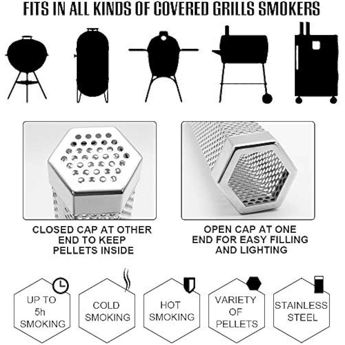 BEWAVE Pellet Smoker Tube for All Grill Electric Gas Charcoal or Smokers Hot/Cold Smoking, Free Tube Brush, 15&30 CM