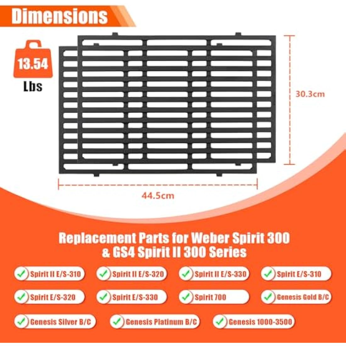 GFTIME 44.5 x 30.3cm Grill Grate 7638 Replacement Parts for Weber Spirit I & II 310, Spirit Classic 300 Series E/S 310, 320 & 330, Spirit 700, Weber 900, Cast Iron Cooking Grate 7639, 7525, 7526, 7527