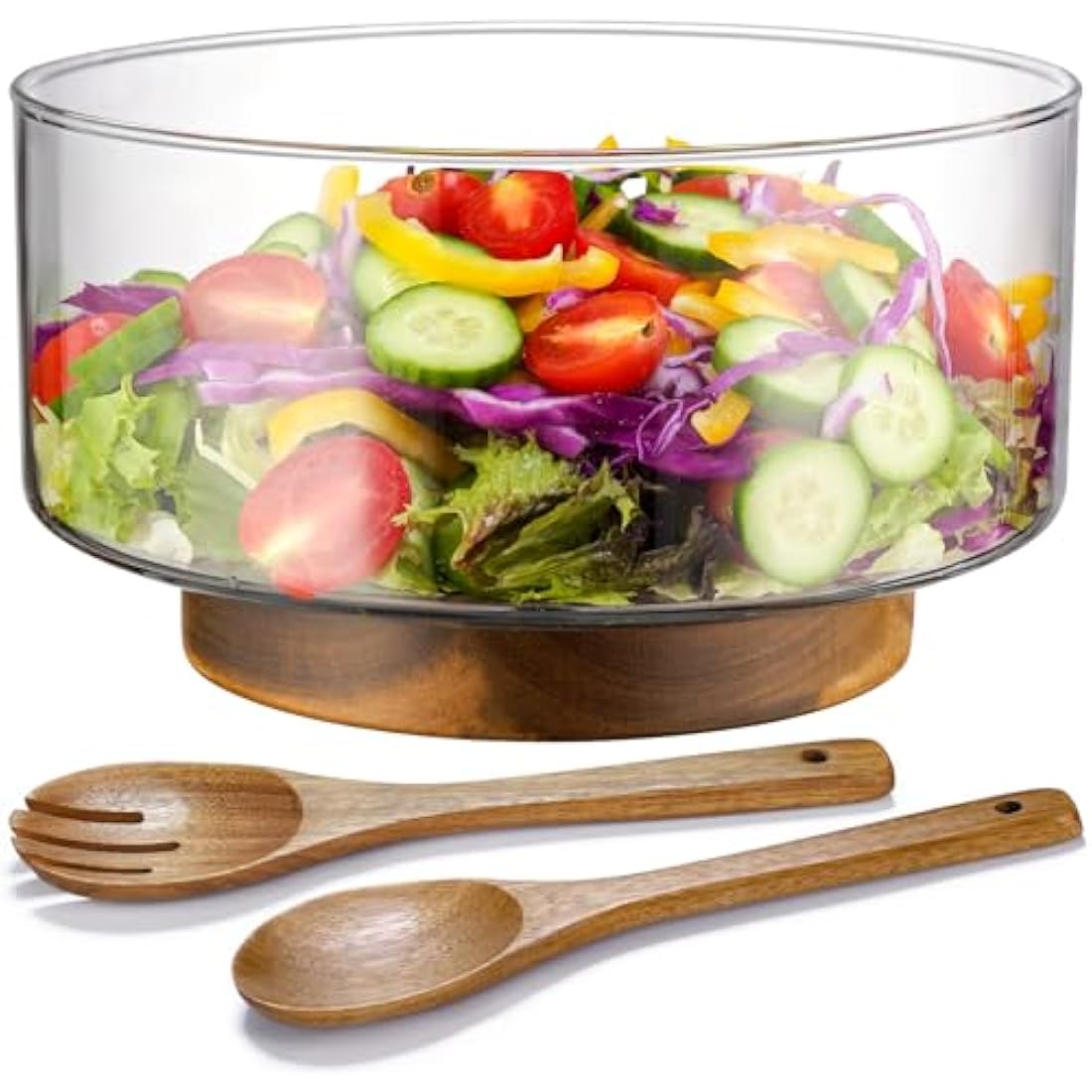 NiHome Large 3600ML Glass Salad Bowl with Acacia Wood Salad Tongs, Enhanced Stability Design, Versatile Serving Bowl for Salads, Fruits, Ideal for Gatherings & Daily Family Dining