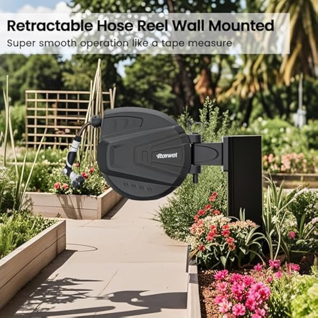 Roywel Auto Reel Garden Hose 30M，Hose Reel Wall Mounted，Auto Rewind, Self-Locking System,180° Pivotal with Multifunction Spray Nozzle