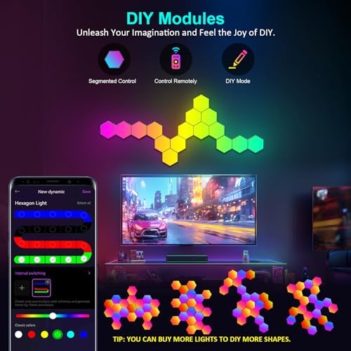 Kangtaixin Hexagon LED Lights — 12 Pack Hex Wall Light RGB Gaming Panels Hexagonal Smart Lighting Panel Sync to Music for Room Bar Gaming Setup Bedroom