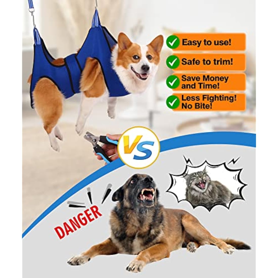 Kkiimatt Dog Grooming Hammock Harness with Nail Clippers, Blue, Large