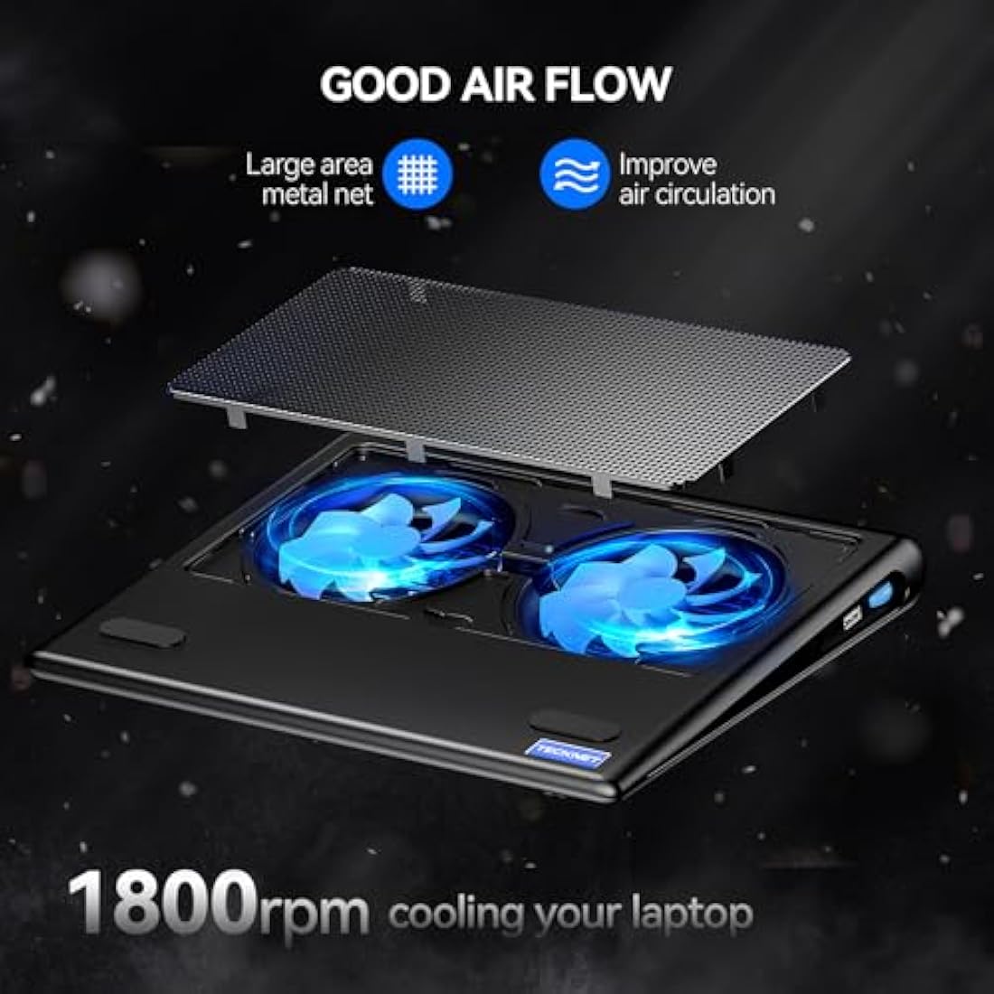 TECKNET Laptop Cooling Pad, 12"-16" Laptop Cooler with 2 Quiet Fans, Ergonomic Comfort Gaming Laptop Cooling Stand, Speed Adjustable Cooling Pad