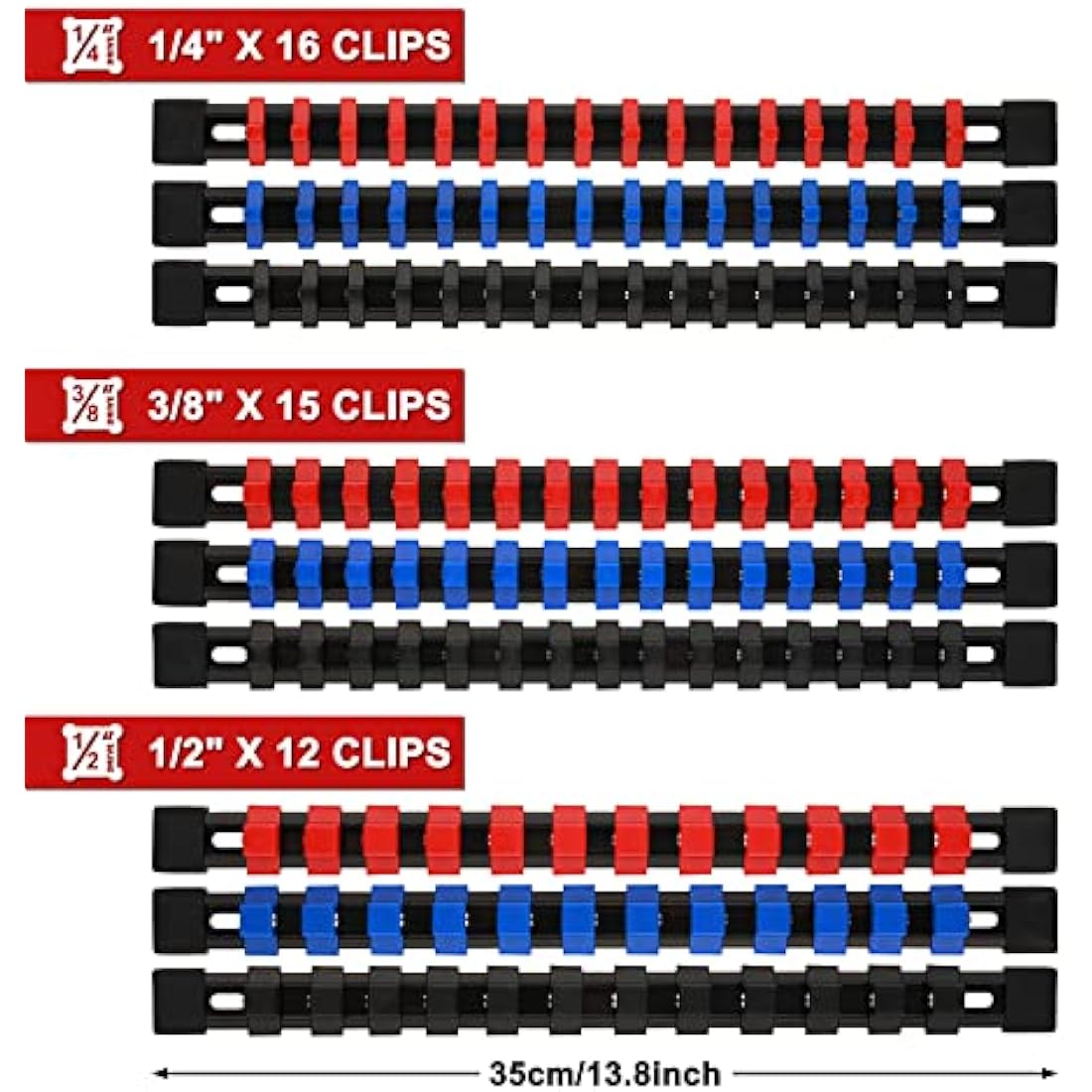 CASOMAN 9PC ABS Socket Organizer, 1/4-Inch, 3/8-Inch, 1/2-Inch, Premium Quality Socket Holders (9-Piece Set, Blue, Red, Black)