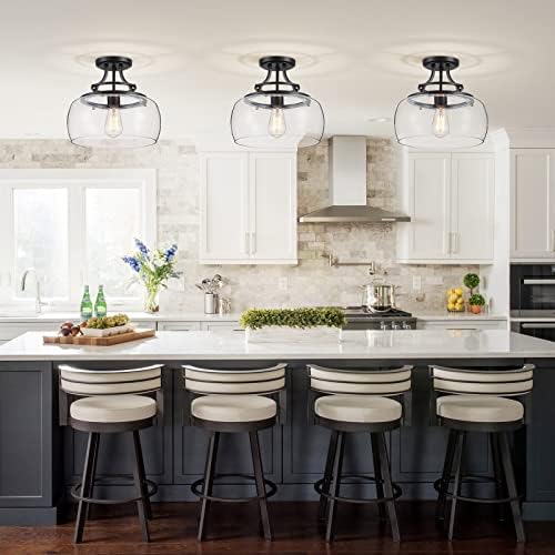 WUZUPS Chandelier Rustic Farmhouse Industrial Round Semi-flushmount Ceiling LED Light Fixture with Clear Glass Shades for Bathroom Kitchen Foyer Entryway, H 30 x W 34, E27 Base, Black