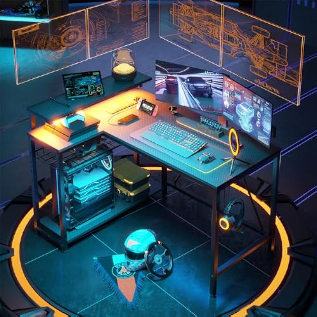 Bestier 106.5CM L-Shaped Gaming Desk with RGB LED Lights Carbon Fibre Surface, 3 Power Outlets & 2 USB Ports, Reversible Corner Desk with Shelves & Hooks for Home Office & Small Spaces