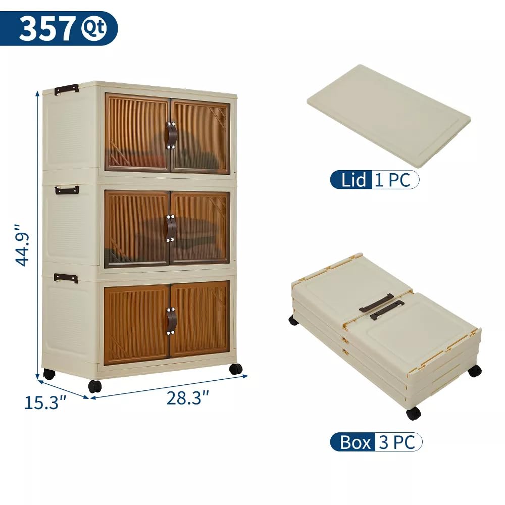 Foldable Wardrobe 28.3 x 15.3 x 44.9in, Plastic Folding Chest of Drawers with Magnetic Doors, Sturdy Multi-Purpose Cabinet for Children's Clothes