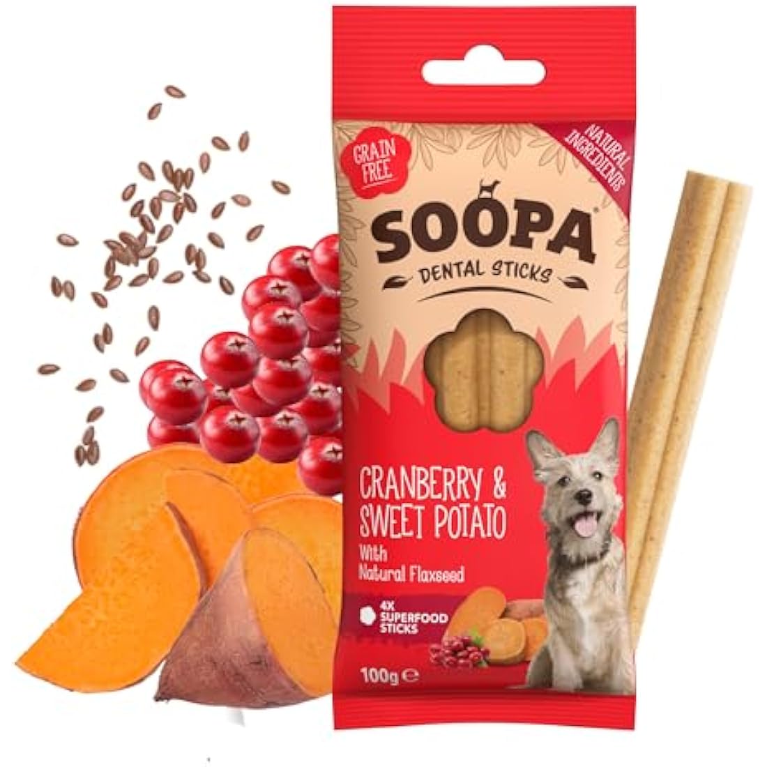 Soopa Cranberry and Sweet Potato Dental Sticks Dog Treat, 100 g