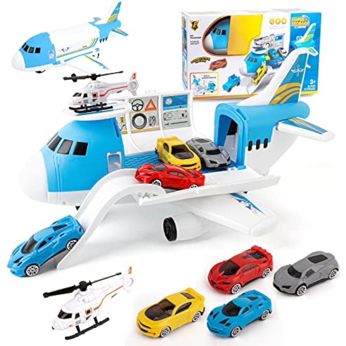 Shayson Transport Cargo Airplane Car Toy Play Set for Boys and Girls Ages 3 and Up - Includes 4 Cars, 1 Helicopter, Kids DIY Preschool Toy Gift