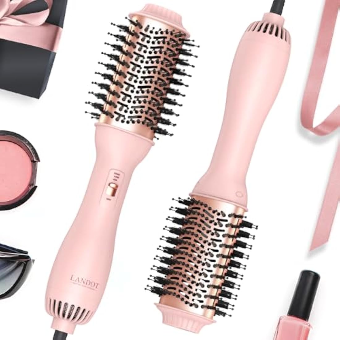 LANDOT Hot Blow Hair Dryer Brush: Upgraded Plus 2.0 Hot Air Brush - One-Step HairDryer Styler and Volumizer 4 in 1 for Drying Straightening Curling Volumizing Hair - Fight Frizz and Add Volume