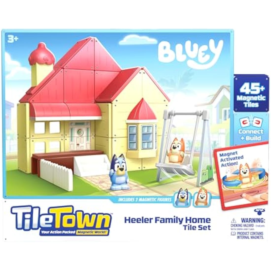 Tile Town Bluey Heeler Home Magnetic Tiles Construction Building Playset with Bluey and Bingo Figures, Kids 3-5+, New Action Tiles for Action Play, Realistic Builds, STEM Creative Toy