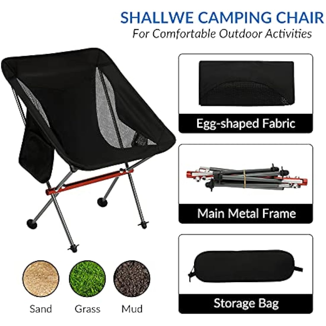 SHALLWE Ultralight Portable Camping Chair,Aviation Aluminum Frame Compact Folding Chairs,300lbs Capacity with Wide Feet and Storage Bag,Suitable for Camping,BBQ,Hiking,Beach,Lawn(Gray)
