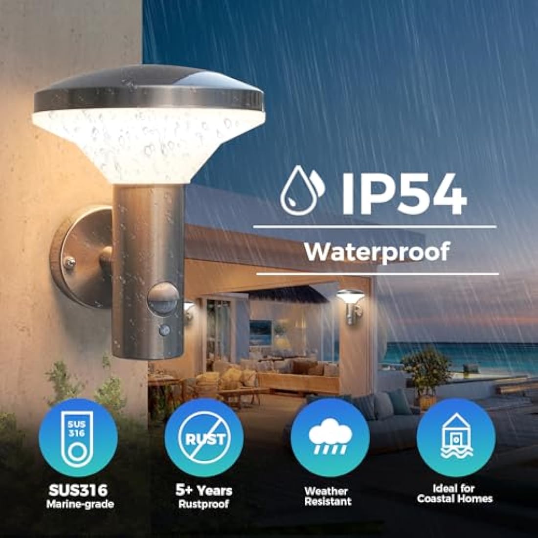 NBHANYUAN Lighting LED Outside Lights Mains Powered with 4 Modes Motion Sensor,SUS316 Stainless Steel PIR Outdoor Wall Light for Patio,Porch,Front Door 3000K Warm Light 220-240V IP54