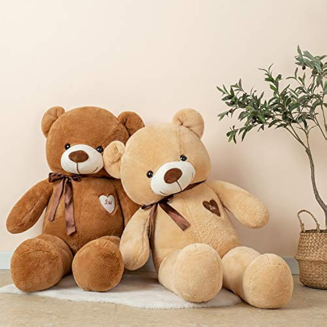 YunNasi Giant Teddy Bear Big Teddy Bear Large Stuffed Animal Toy Plush Teddy Doll With Love Heart and Ribbon (39 Inches/100cm, Light Brown)