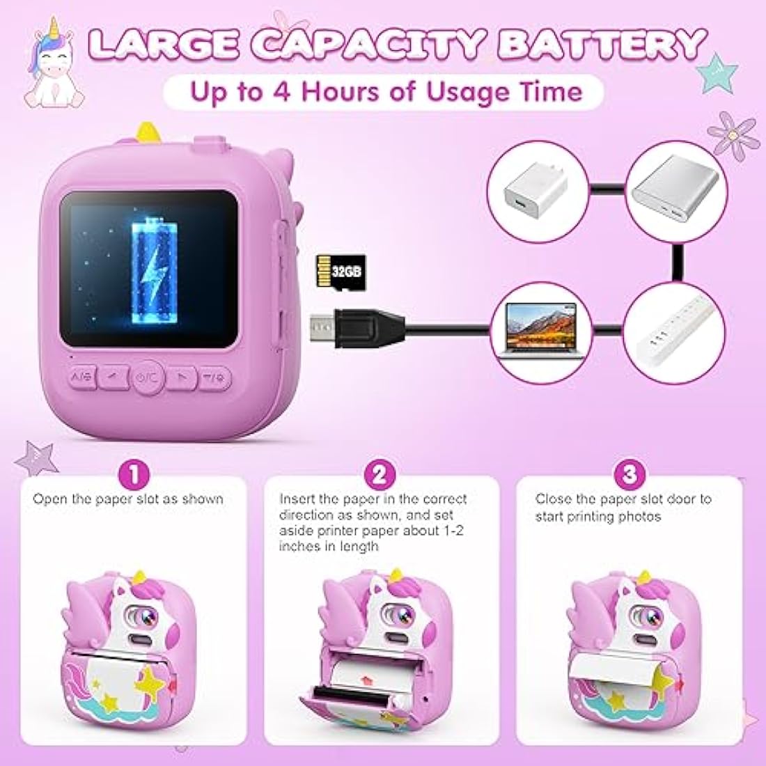 CAMCLID Kids Camera Instant Print, 2.4’‘ Instant Camera for Kids with 32G Card & Print Photo Paper, 1080P HD Video, Christmas Birthday Gifts for Boys Girls Age 3-12 (Purple)