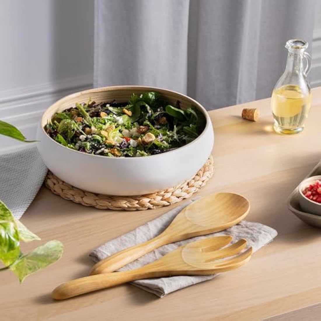 Dehaus® Large Stylish Bamboo Fruit Bowl - 30cm, Rose Gold - Wooden Salad Serving Bowl - Fruit Basket for Kitchen or Bread Basket - Table Centrepiece Decoration - Home & Kitchen Tableware Accessories