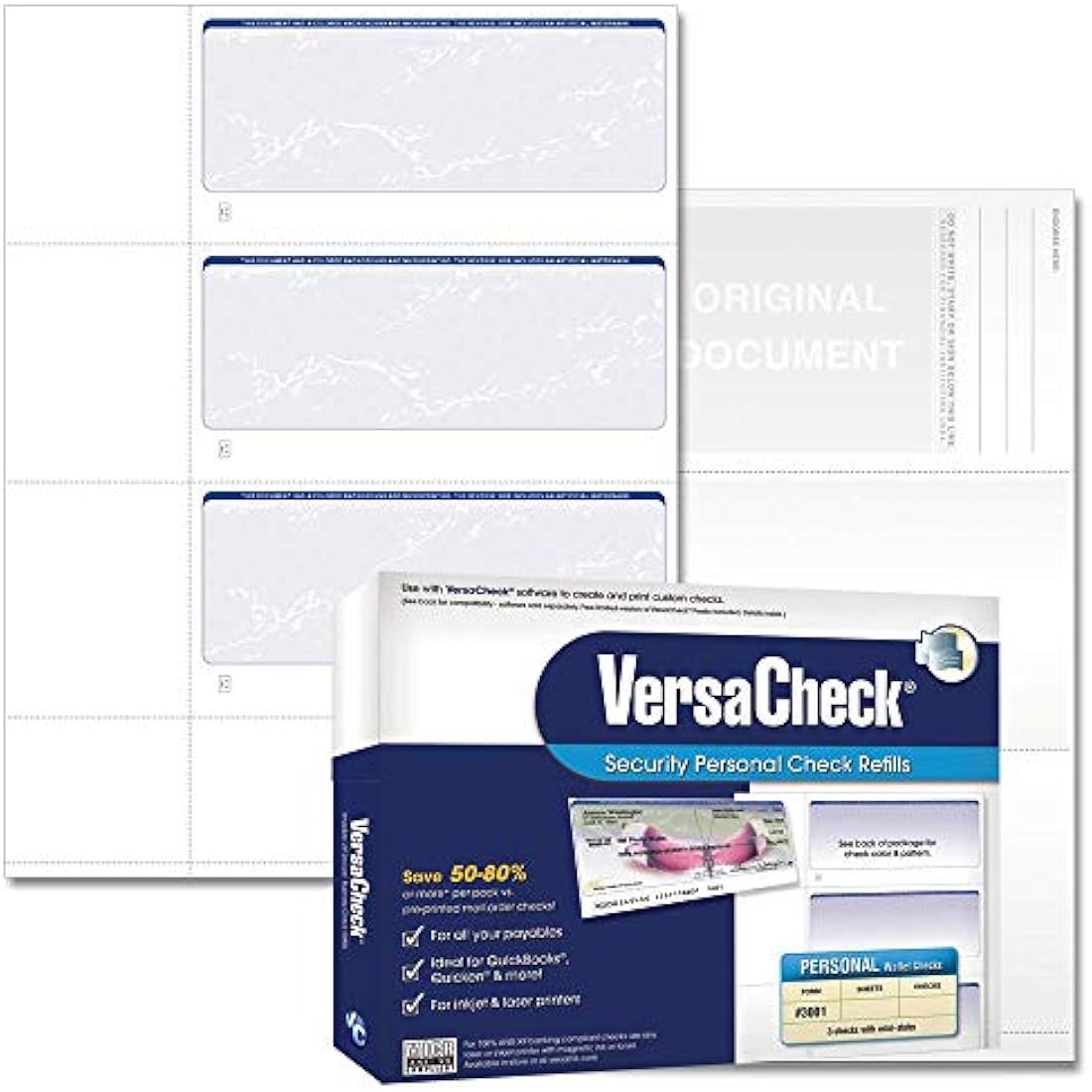 VersaCheck Secure Checks - 750 Blank Business or Personal Wallet Checks - Blue Prestige - 250 Sheets Form #3001-3 Per Sheet (31BP01-01255-4)