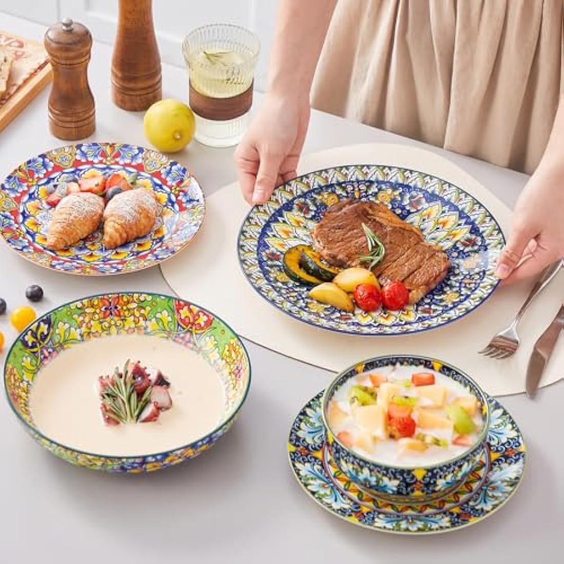 vancasso SIMI Dinner Set- 24 Pieces for 6 People, Porcelain Plates and Bowls Set, Bohemian Style Dinnerware Sets, Scratch Resistant Dinner Service Set, Dishwasher and Microwave Safe
