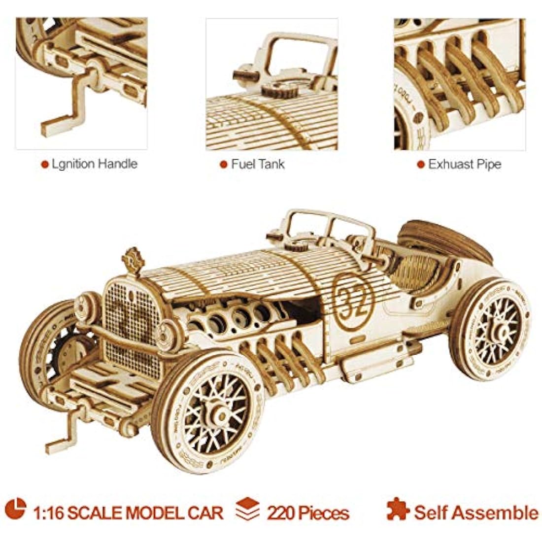 ROBOTIME 3D Wooden Puzzle Model Kits Car for Teens and Adults to Buid Mechanical Construciton Craft Sets (Grand Prix Car)