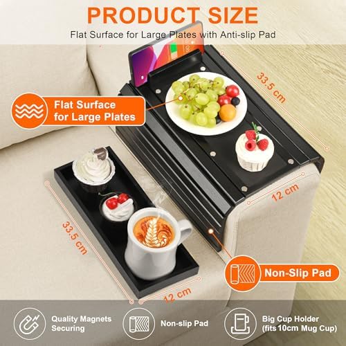 Joy&Grace Couch Cup Holder, 3-in-1 Magnetic Detachable Couch Arm Tray, Bamboo Sofa Armrest Table with Anti-Slip Pad, Sofa Armrest Tray Table (Black)