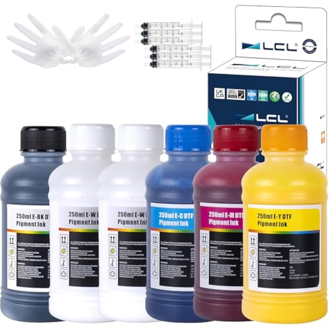 LCL 1500ML Premium DTF Ink Refill for Inkjet Printers Heat Transfer Film Printing (250ml x 6 CMYK 2Wh) Replacement for Epson L800L1800 L805 R1390 4720 I3200 XP600 DX7 DX5 5113 1430 TX800P400 P408 P640