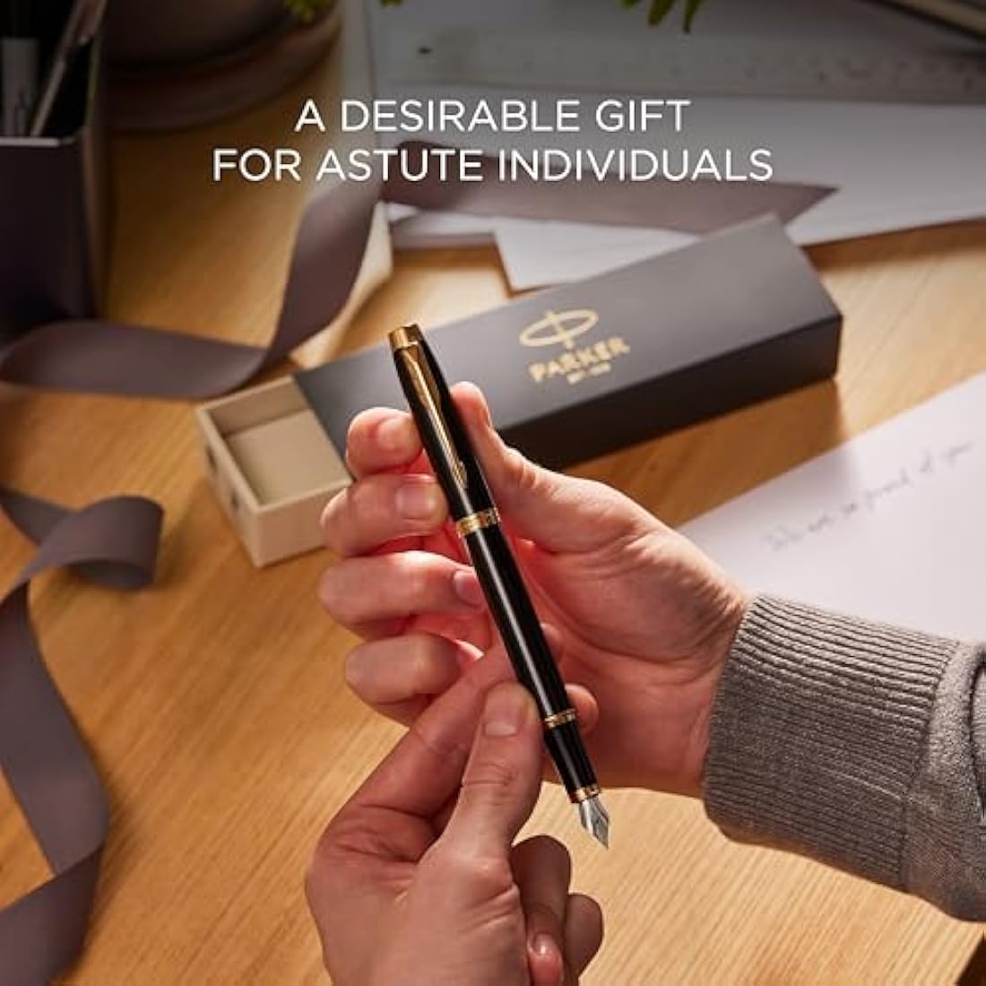 Parker IM Fountain Pen | Grey Lacquer with Gold Trims | Fine Polished Stainless Steel Nib | Blue Ink Cartridge Refill | Gift Box | Perfect Graduation Gifts