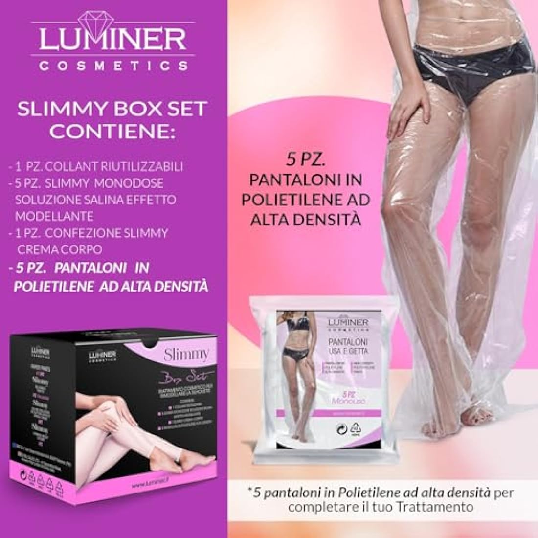 LUMINER Slimmy Box Set with 5 Treatments Reusable Anti-Cellulite Draining Tights with Dead Sea Salt, Cartene Trousers and Anti-Cellulite Cream for Legs and Buttocks - INCI of Natural Origin