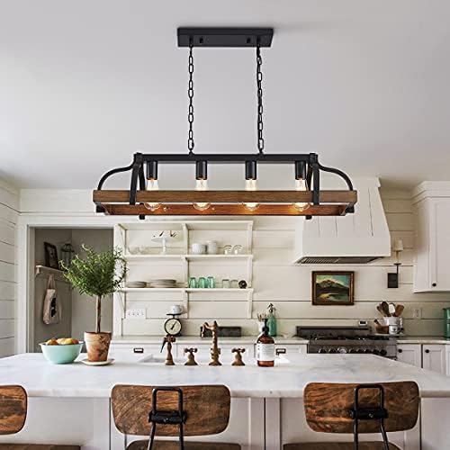 WUZUPS 4-Light Metal Pot Hanging Rack Chandelier Imitation Wood Grain Linear Pendant Ceiling Lighting Rustic Farmhouse Fixture Kitchen Island Dining Room, H25 x L88 x W30, E27 Base, Black