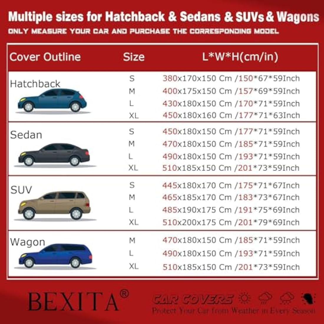 BEXITA Car Cover Waterproof Outdoor All Weather Windproof Snowproof UV Protection Full Car Covers Fit for Saloon; Size XL: MAX 201in/510cm