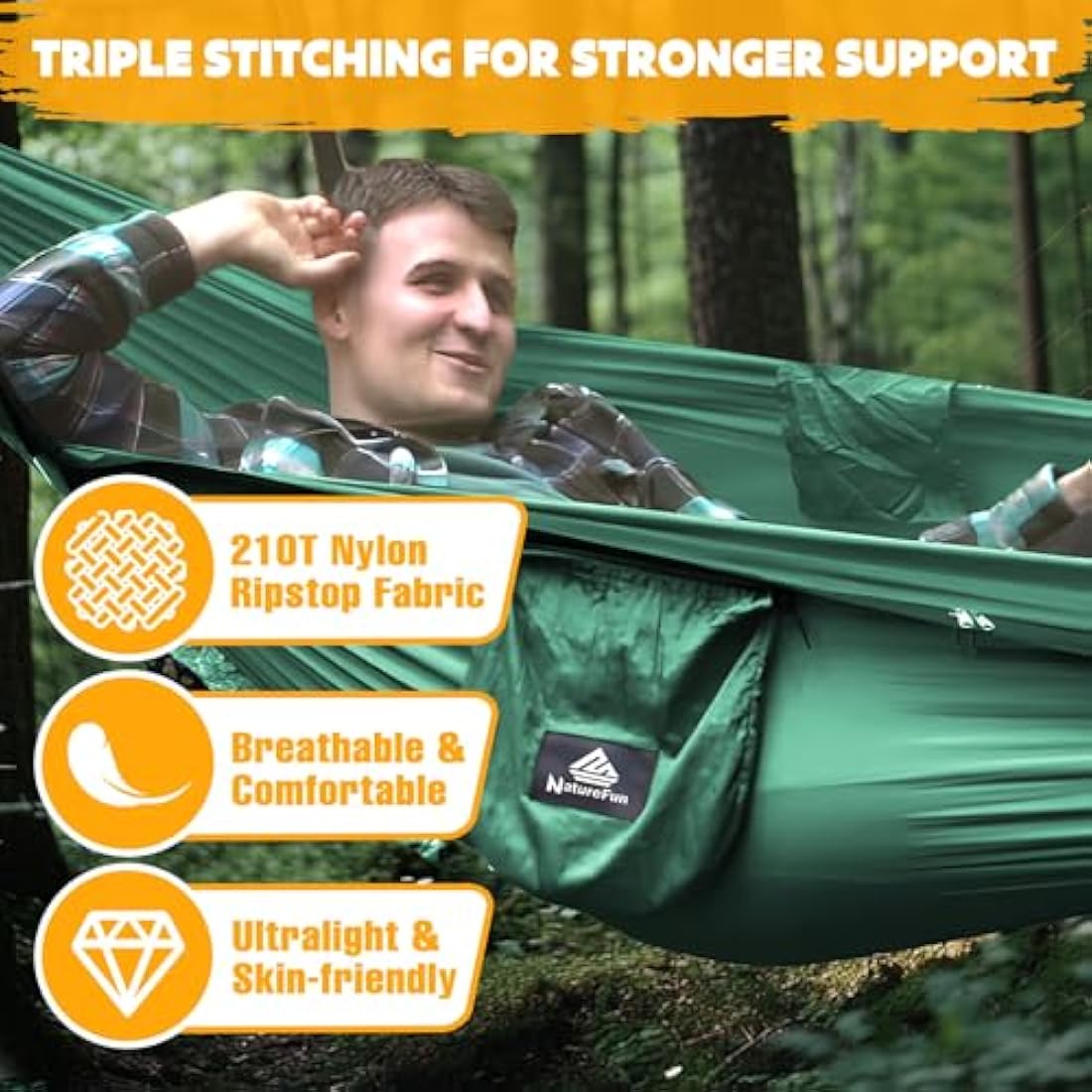 NATUREFUN Ultra-Light Travel Camping Hammock Pop-up Bug Net Hammock 300kg Load Capacity,Breathable,Quick-drying Parachute Nylon 2 Premium Carabiners,2 Tree Slings Included Outdoor Backpacking Hiking