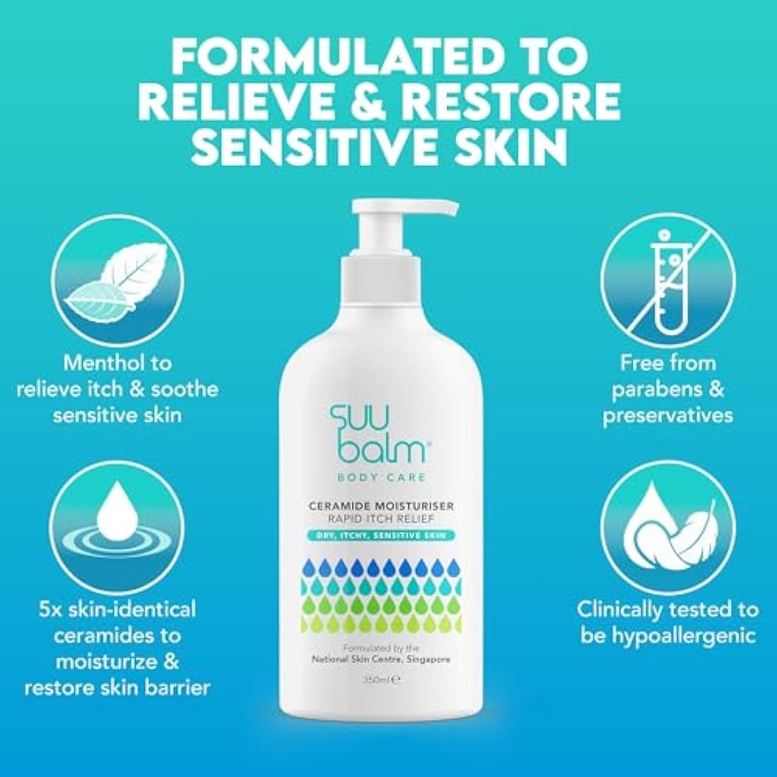 Suu Balm - Itch Relief Cream, Menthol & Ceramide Body Moisturiser - Itch Relief in 5 Minutes - Psoriasis, Dry, Sensitive Skin, Eczema Treatment (350ml)
