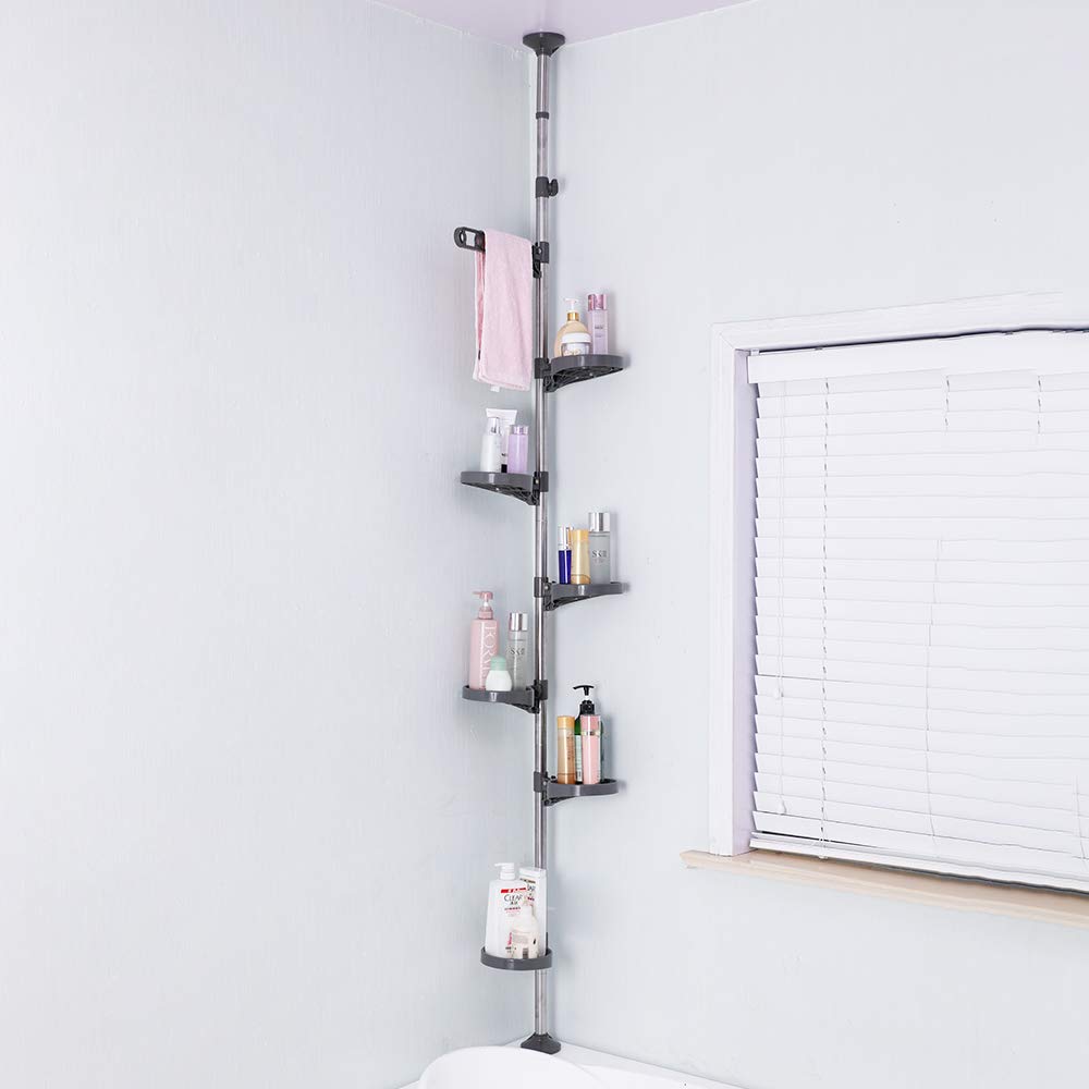 BAOYOUNI 7-Tier Indoor Plant Pole Spring Tension Rod Expandable Flower Pots Display Rack Stand Hanger Metal Corner Storage Shelf, Grey