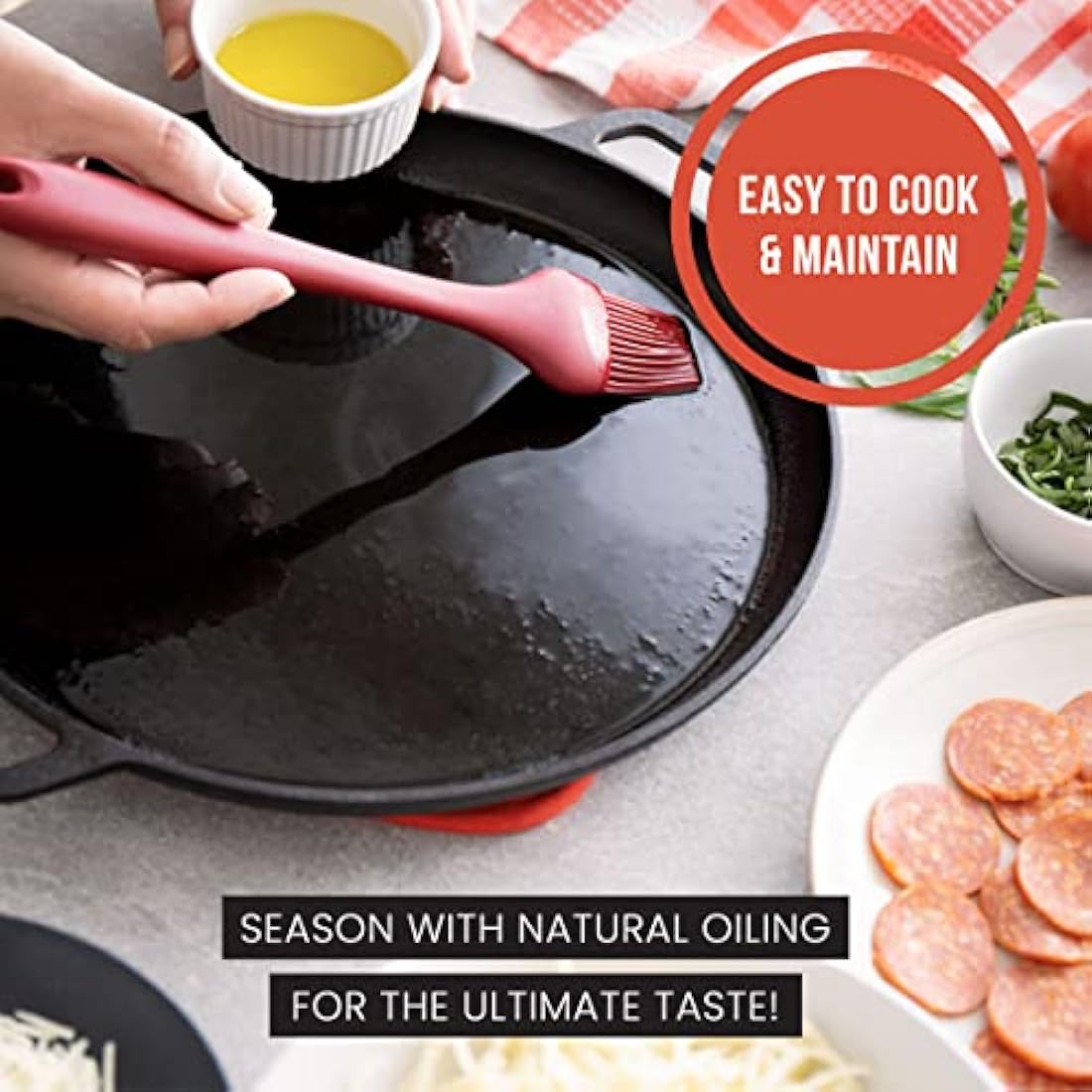 Chef Pomodoro Cast Iron Pizza Pan, Pre-Seasoned 12 Inch Skillet With Handles, Griddle for Dosa Tawa Roti, Comal for Tortillas, Baking on Stove, Oven, Grill BBQ and Camping