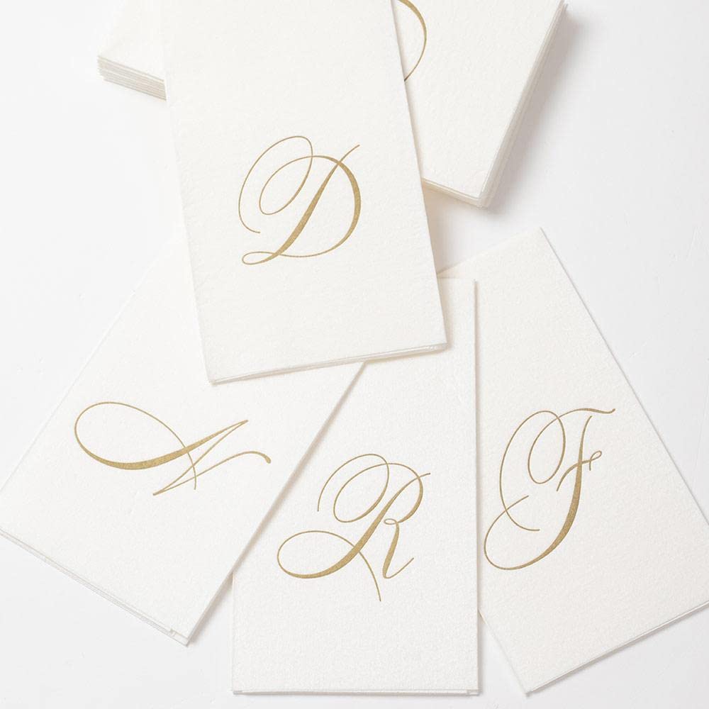 Caspari " Signature Gold Initial C Paper Linen Guest Towels, White Pearl, Pack of 24